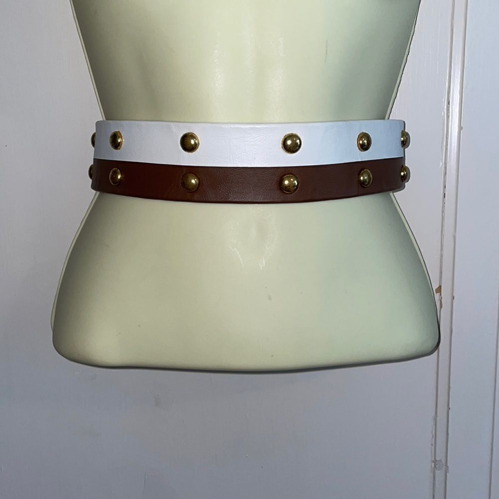 Vtg 70s brown & white‎ belt with gold studs